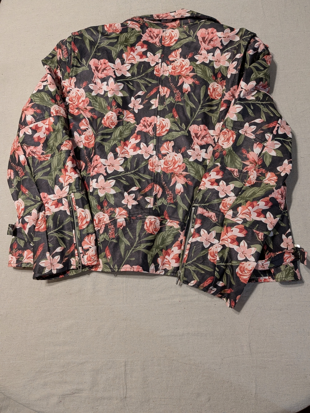 Floral Faux Leather Moto Jacket Pink Rose Edgy Fall - Picture 2 of 14